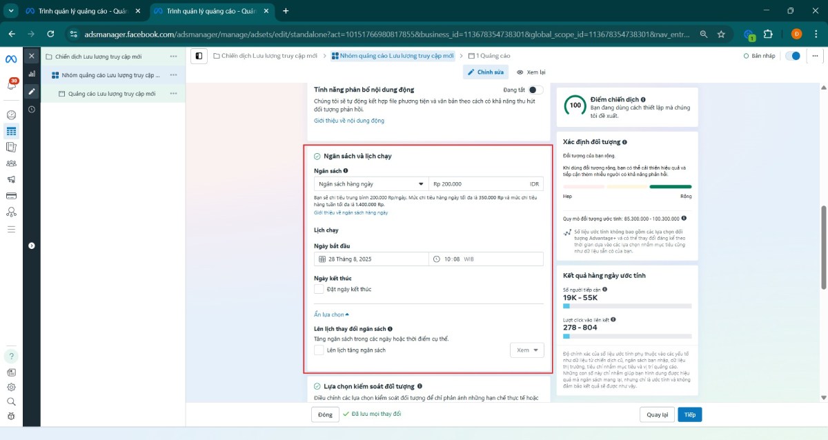 Cài đặt ngân sách và lịch trình instagram ads