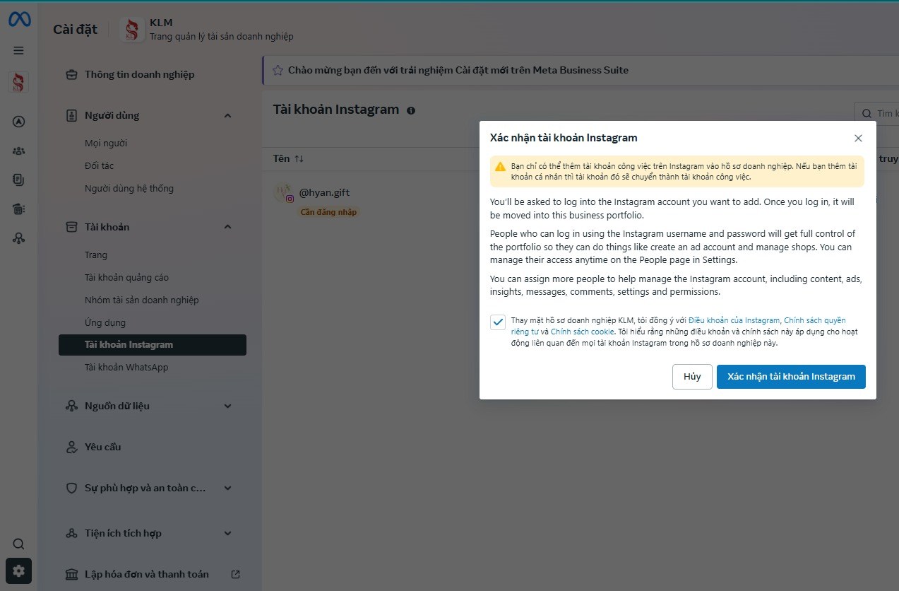 Cài đặt tài khoản quảng cáo Instagram