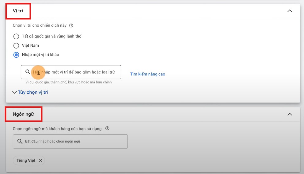 cài vị trí và ngôn ngữ search ads