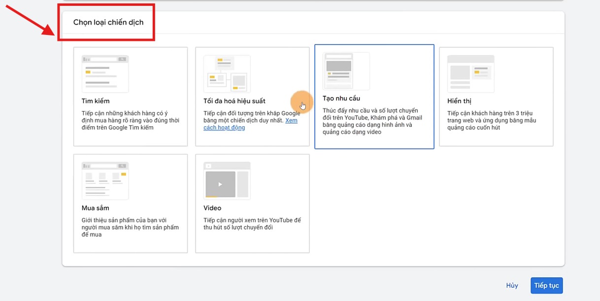 chọn chiến dịch quảng cáo Google Search