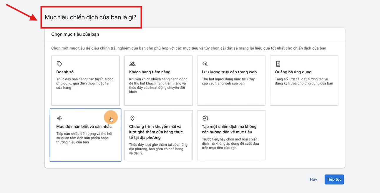 chọn mục tiêu Google Search ads