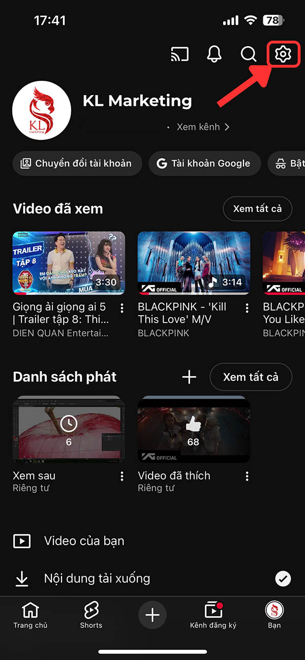 tạo kênh youtube: bấm vào cài đặt