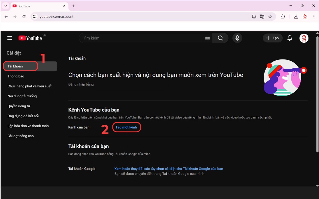vào tài khoản youtube: tạo kênh mới
