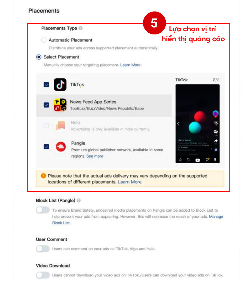 bước 3: chọn vị trí hiển thị tiktok shop ads